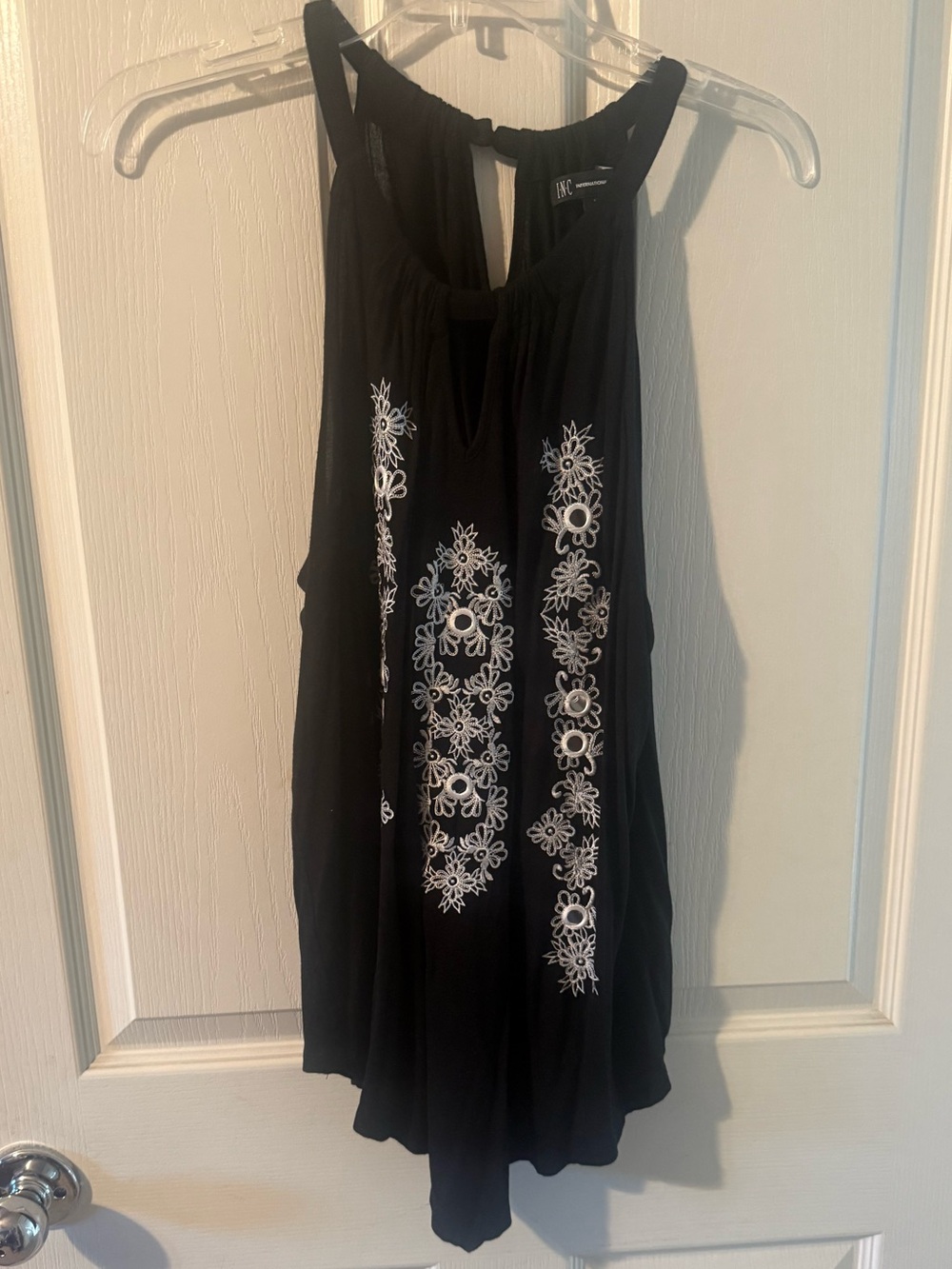 INC International Concepts Black Halter Tank with White Floral Embroidery